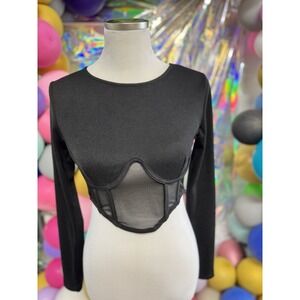 Princess Polly Black Corset Style Long Sleeve Crop Top Mesh Bustier Size‎ 6